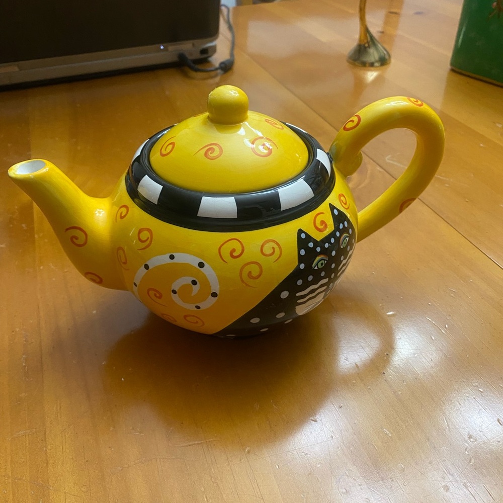Laurel Burch Vintage 1998 Ceramic Polka Dot Cat Teapot Yellow/Black - Picture 10 of 14